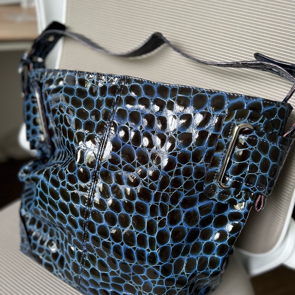 NICOLI Blue Shoulder Bag with Crocodile Texture
